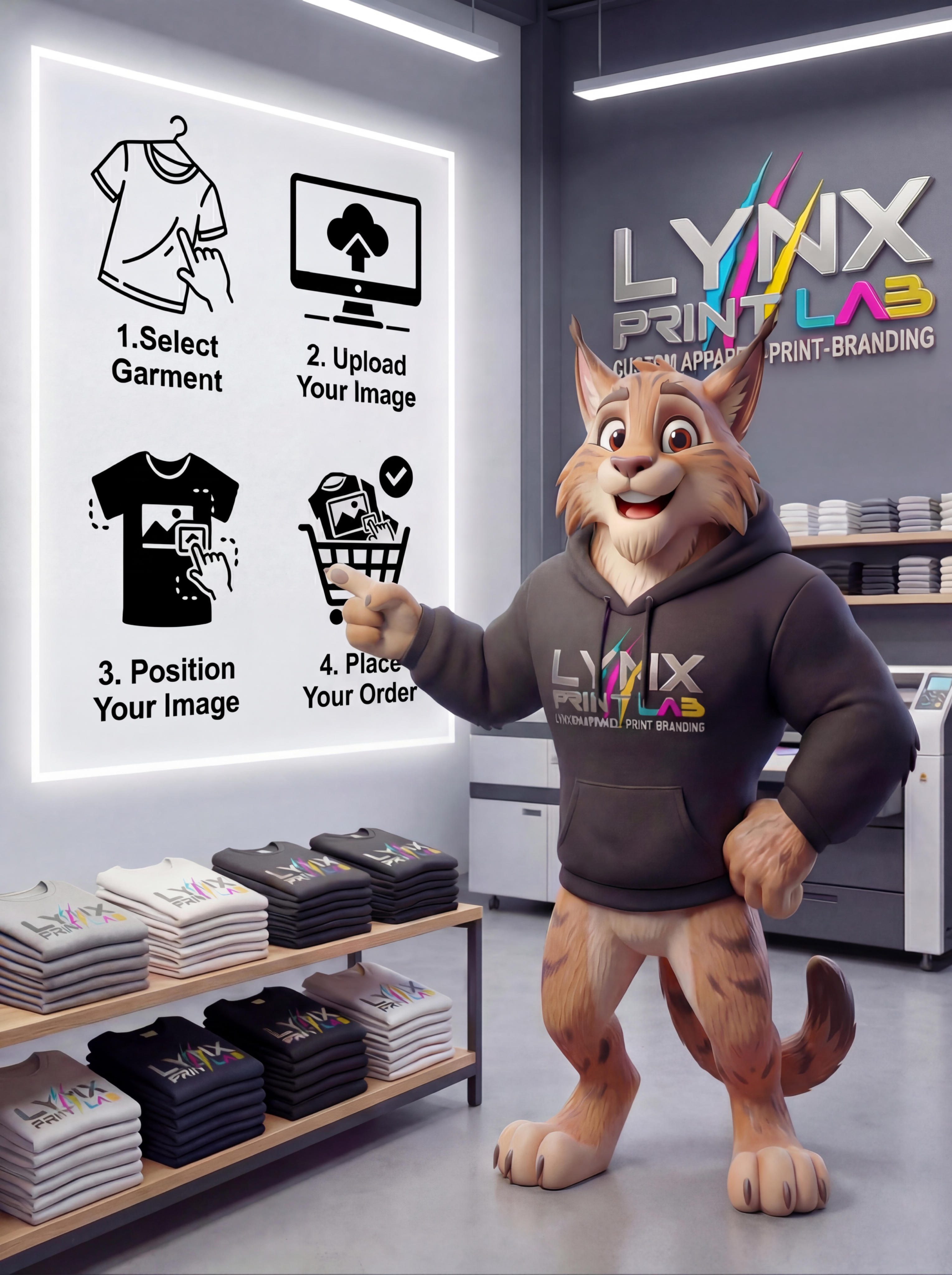LYNX Print Lab mascot pointing for the how it works section